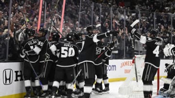 Apr 21, 2023; Los Angeles, California, USA; Los Angeles Kings celebrate after defeating the Edmonton Oilers in the first overtime period of game three of the first round of the 2023 Stanley Cup Playoffs against the Edmonton Oilers at Crypto.com Arena. Mandatory Credit: Jayne Kamin-Oncea-USA TODAY Sports