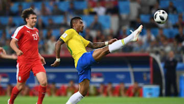 TOPSHOT - Brazil's midfielder Paulinho controls the ball during the Russia 2018 World Cup Group E football match between Serbia and Brazil at the Spartak Stadium in Moscow on June 27, 2018. (Photo by Francisco LEONG / AFP) / RESTRICTED TO EDITORIAL USE - NO MOBILE PUSH ALERTS/DOWNLOADS (Photo credit should read FRANCISCO LEONG/AFP/Getty Images)