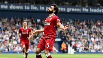 WEST BROMWICH, ENGLAND - APRIL 21: Mohamed Salah of Liverpool celebrates after scoring his sides second goal during the Premier League match between West Bromwich Albion and Liverpool at The Hawthorns on April 21, 2018 in West Bromwich, England. (Photo by Matthew Lewis/Getty Images)