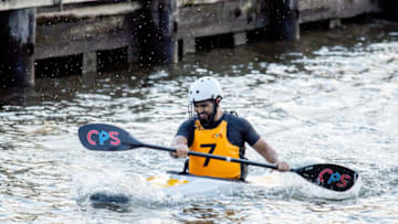 NEW YORK, NEW YORK - JULY 16: A man kayaks at pier 64 during the 3rd phase of the coronavirus reopening on July 16, 2020 in New York, New York. Phase 3 permits the reopening of nail and tanning salons, tattoo parlors, spas and massages, dog runs and numerous other outdoor activities. Phase 3 is the third of four-phased stages designated by the state. (Photo by Roy Rochlin/Getty Images)