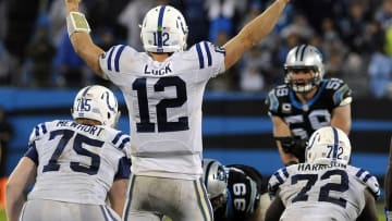 Nov 2, 2015; Charlotte, NC, USA; Indianapolis Colts quarterback Andrew Luck (12) calls out to his team during the second half of the game against the Carolina Panthers at Bank of America Stadium. Panthers win in overtime 29-26. Mandatory Credit: Sam Sharpe-USA TODAY Sports