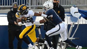 Nov 21, 2020; University Park, Pennsylvania, USA; Penn State Nittany Lions safety Jaquan Brisker (1) pushes Iowa Hawkeyes running back Tyler Goodson (15) out of bounds during the first quarter at Beaver Stadium. Mandatory Credit: Rich Barnes-USA TODAY Sports