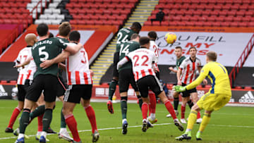SHEFFIELD, ENGLAND - JANUARY 17: Serge Aurier of Tottenham Hotspur scores their side's first goal past Aaron Ramsdale of Sheffield United during the Premier League match between Sheffield United and Tottenham Hotspur at Bramall Lane on January 17, 2021 in Sheffield, England. (Photo by Stu Forster/Getty Images)