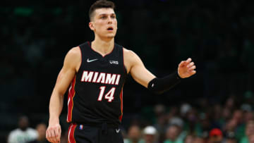 Tyler Herro #14 of the Miami Heat reacts in the third quarter against the Boston Celtics(Photo by Elsa/Getty Images)