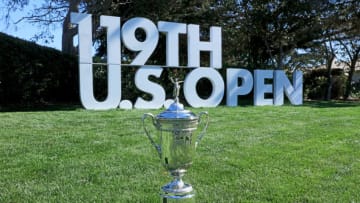 PEBBLE BEACH, CA - NOVEMBER 08: The United States Open Championship trophy placed beside the first tee during the USGA 2019 US Open Championship media preview day at Pebble Beach Golf Links on November 8, 2018 in Pebble Beach, California. (Photo by David Cannon/Getty Images)