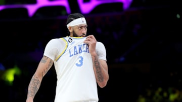 LOS ANGELES, CALIFORNIA - DECEMBER 13: Anthony Davis #3 of the Los Angeles Lakers reacts during a 122-118 BostonCeltics overtime win at Crypto.com Arena on December 13, 2022 in Los Angeles, California. NOTE TO USER: User expressly acknowledges and agrees that, by downloading and/or using this photograph, User is consenting to the terms and conditions of the Getty Images License Agreement. Mandatory Copyright Notice: Copyright 2022 NBAE. (Photo by Harry How/Getty Images)