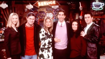 Friends Special Episode, "The One That Could Have Been, Part One" From L-R: Lisa Kudrow, Matthew Perry, Jennifer Aniston, David Schwimmer, Courteney Cox Arquette And Matt Leblanc. All The Friends Ponder What Might Have Been If Each Had Taken A Different Path In Life And They Imagine: That A Frustrated Ross (Schwimmer) Stays With His Wife Carol (Jane Sibbett) And Ignores Her Disinterest In Him; A Married Rachel (Aniston) Is Starstruck When She Meets Hunky "Days Of Our Lives" Star Joey (Leblanc) Who Never Lost His Job As Dr. Drake Ramoray; Phoebe (Lisa Kudrow) Is A Corporate Stockbroker; And A Portly Monica (Cox Arquette) Frets About Losing Her Virginity While Chandler (Perry) Is A Struggling Writer Who Stoops To Working As Joey's Lowly Assistant Just To Make Ends Meet. (Photo By Getty Images)