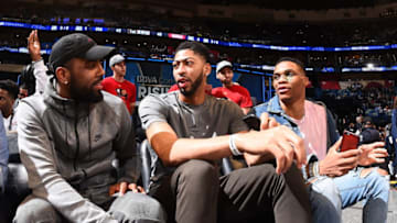 NEW ORLEANS, LA - FEBRUARY 17: Kyrie Irving #2 of the Cleveland Cavaliers, Anthony Davis #23 of the New Orleans Pelicans and Russell Westbrook #0 of the Oklahoma City Thunder during the BBVA Compass Rising Stars Challenge as part of 2017 All-Star Weekend at the Smoothie King Center on February 17, 2017 in New Orleans, Louisiana. NOTE TO USER: User expressly acknowledges and agrees that, by downloading and/or using this photograph, user is consenting to the terms and conditions of the Getty Images License Agreement. Mandatory Copyright Notice: Copyright 2017 NBAE (Photo by Andrew D. Bernstein/NBAE via Getty Images)
