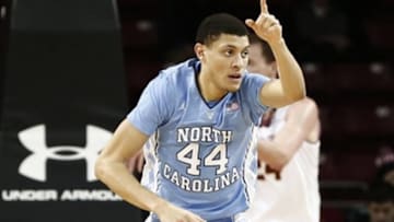 Feb 9, 2016; Chestnut Hill, MA, USA; North Carolina Tar Heels forward Justin Jackson (44) celebrates after scoring against the Boston College Eagles during the first half at Silvio O. Conte Forum. Mandatory Credit: Mark L. Baer-USA TODAY Sports