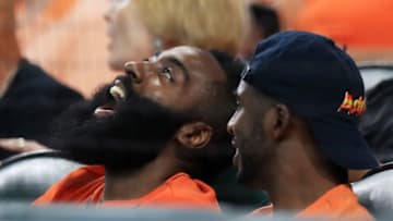HOUSTON, TX - OCTOBER 14: Chris Paul (R) and James Harden of the Houston Rockets attend game two of the American League Championship Series between the Houston Astros and the New York Yankees at Minute Maid Park on October 14, 2017 in Houston, Texas. (Photo by Ronald Martinez/Getty Images)