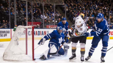 TORONTO, ON - NOVEMBER 7: Frederik Andersen #31 of the Toronto Maple Leafs makes a save against William Carrier #28 of the Vegas Golden Knights during the second period at the Scotiabank Arena on November 7, 2019 in Toronto, Ontario, Canada. (Photo by Mark Blinch/NHLI via Getty Images)