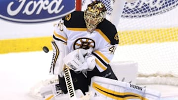 Nov 1, 2016; Sunrise, FL, USA; Boston Bruins goalie Tuukka Rask (40) makes a save against the Florida Panthers in the third period at BB&T Center. The Bruins won 2-1. Mandatory Credit: Robert Mayer-USA TODAY Sports