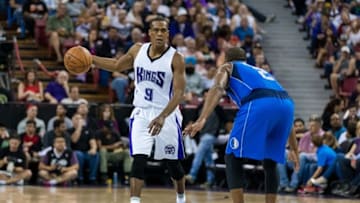 Mar 27, 2016; Sacramento, CA, USA; Sacramento Kings guard Rajon Rondo (9) dribbles against the Dallas Mavericks in the third quarter at Sleep Train Arena. The Kings won 133-111. Mandatory Credit: John Hefti-USA TODAY.