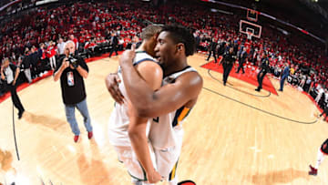 HOUSTON, TX - MAY 2: Rudy Gobert #27 and Donovan Mitchell #45 of the Utah Jazz exchange a hug after Game Two of Round Two of the 2018 NBA Playoffs against the Houston Rockets on May 2, 2018 at Toyota Center in Houston, TX. NOTE TO USER: User expressly acknowledges and agrees that, by downloading and or using this Photograph, user is consenting to the terms and conditions of the Getty Images License Agreement. Mandatory Copyright Notice: Copyright 2018 NBAE (Photo by Andrew D. Bernstein/NBAE via Getty Images)