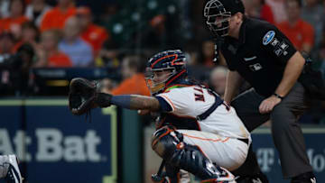 HOUSTON, TX - OCTOBER 05: Houston Astros catcher Martin Maldonado (15) behind the plate in the sixth inning during game 1 of the ALDS between the Houston Astros and the Cleveland Indians at Minute Maid Park, October 5, 2018 at Houston. Houston Astros defeated Cleveland Indians 7-2. (Photo by Juan DeLeon/Icon Sportswire via Getty Images)