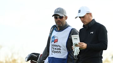 SAN ANTONIO, TEXAS - APRIL 05: Jordan Spieth speaks with his caddie Michael Grellar on the 11th tee during the second round of the 2019 Valero Texas Open at TPC San Antonio Oaks Course on April 05, 2019 in San Antonio, Texas. (Photo by Stacy Revere/Getty Images)