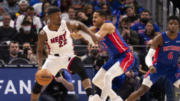 Miami Heat forward Jimmy Butler (22) gets defended by Detroit Pistons guard Frank Jackson (5)(Raj Mehta-USA TODAY Sports)