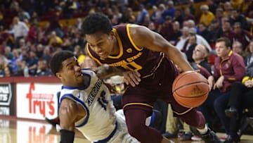 Dec 20, 2016; Tempe, AZ, USA; Creighton Bluejays guard Maurice Watson Jr. (10) defends Arizona State Sun Devils guard Tra Holder (0) during the second half at Wells-Fargo Arena. Creighton won 96-85. Mandatory Credit: Joe Camporeale-USA TODAY Sports