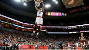 LOUISVILLE, KY - JANUARY 21: V.J. King #0 of the Louisville Cardinals shoots the ball against the Boston College Eagles at KFC YUM! Center on January 21, 2018 in Louisville, Kentucky. (Photo by Andy Lyons/Getty Images)