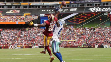 Sep 18, 2016; Landover, MD, USA; Washington Redskins cornerback Bashaud Breeland (26) defends a pass intended for Dallas Cowboys wide receiver Dez Bryant (88) in the third quarter at FedEx Field. The Cowboys won 27-23. Mandatory Credit: Geoff Burke-USA TODAY Sports