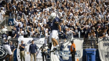 STATE COLLEGE, PA - SEPTEMBER 25: Parker Washington #3 of the Penn State Nittany Lions celebrates with Jahan Dotson #5 after scoring a touchdown against the Villanova Wildcats during the first half at Beaver Stadium on September 25, 2021 in State College, Pennsylvania. (Photo by Scott Taetsch/Getty Images)