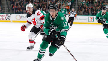 DALLAS, TX - JANUARY 4: Mattias Janmark #13 of the Dallas Stars handles the puck against the New Jersey Devils at the American Airlines Center on January 4, 2018 in Dallas, Texas. (Photo by Glenn James/NHLI via Getty Images)