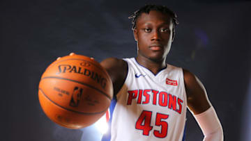 AUBURN HILLS, MICHIGAN - SEPTEMBER 30: Sekou Doumbouya #45 of the Detroit Pistons poses for a portrait during the Detroit Pistons Media Day at Pistons Practice Facility on September 30, 2019 in Auburn Hills, Michigan. NOTE TO USER: User expressly acknowledges and agrees that, by downloading and/or using this photograph, user is consenting to the terms and conditions of the Getty Images License Agreement. (Photo by Gregory Shamus/Getty Images)