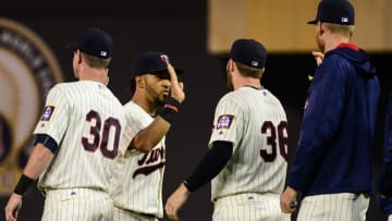 Sep 7, 2016; Minneapolis, MN, USA; The Minnesota Twins celebrate after defeating the Kansas City Royals 6-5 at Target Field. Mandatory Credit: Jeffrey Becker-USA TODAY Sports