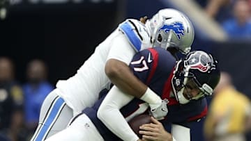 Oct 30, 2016; Houston, TX, USA; Detroit Lions outside linebacker Armonty Bryant (97) sacks Houston Texans quarterback Brock Osweiler (17) during the first quarter at NRG Stadium. Mandatory Credit: Kevin Jairaj-USA TODAY Sports