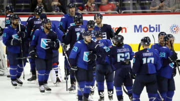 Sep 14, 2016; Washington, DC, USA; Team Europe forward Leon Draisaitl (29) celebrates with teammates after their game against Team Sweden in a World Cup of Hockey pre-tournament game at Verizon Center. Team Europe won 6-2. Mandatory Credit: Geoff Burke-USA TODAY Sports