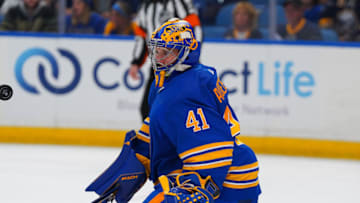 BUFFALO, NY - OCTOBER 13: Craig Anderson #41 of the Buffalo Sabres during the game against the Ottawa Senators at KeyBank Center on October 13, 2022 in Buffalo, New York. (Photo by Kevin Hoffman/Getty Images)