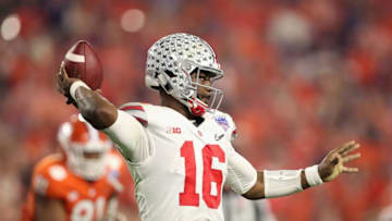 GLENDALE, AZ - DECEMBER 31: Quarterback J.T. Barrett #16 of the Ohio State Buckeyes drops back to pass during the Playstation Fiesta Bowl against the Clemson Tigers at University of Phoenix Stadium on December 31, 2016 in Glendale, Arizona. The Tigers defeated the Buckeyes 31-0. (Photo by Christian Petersen/Getty Images)