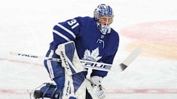 TORONTO, ON - MAY 27: Frederik Andersen #31 of the Toronto Maple Leafs stretches during warmup prior to action against the Montreal Canadiens in Game Five of the First Round of the 2021 Stanley Cup Playoffs at Scotiabank Arena on May 27, 2021 in Toronto, Ontario, Canada. The Canadiens defeated the Maple Leafs 4-3 in overtime. (Photo by Claus Andersen/Getty Images)
