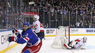 NEW YORK, NEW YORK - MARCH 05: Mika Zibanejad #93 of the New York Rangers scores his fifth goal of the game in overtime to defeat Ilya Samsonov #30 and the Washington Capitals 5-4 at Madison Square Garden on March 05, 2020 in New York City. (Photo by Bruce Bennett/Getty Images)