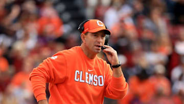 COLUMBIA, SOUTH CAROLINA - NOVEMBER 30: Head coach Dabo Swinney of the Clemson Tigers watches on against the South Carolina Gamecocks during their game at Williams-Brice Stadium on November 30, 2019 in Columbia, South Carolina. (Photo by Streeter Lecka/Getty Images)