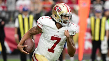 Nov 13, 2016; Glendale, AZ, USA; San Francisco 49ers quarterback Colin Kaepernick (7) runs the ball during the first half against the Arizona Cardinals at University of Phoenix Stadium. Mandatory Credit: Matt Kartozian-USA TODAY Sports