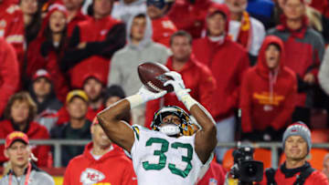 Oct 27, 2019; Kansas City, MO, USA; Green Bay Packers running back Aaron Jones (33) catches a pass against the Kansas City Chiefs during the first half at Arrowhead Stadium. Mandatory Credit: Jay Biggerstaff-USA TODAY Sports