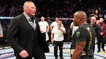 LAS VEGAS, NV - JULY 07: Brock Lesnar confronts Daniel Cormier after his UFC heavyweight championship fight during the UFC 226 event inside T-Mobile Arena on July 7, 2018 in Las Vegas, Nevada. (Photo by Josh Hedges/Zuffa LLC/Zuffa LLC via Getty Images)