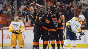 PHILADELPHIA, PENNSYLVANIA - MARCH 17: The Philadelphia Flyers celebrate after a goal by Joel Farabee #86 of the Philadelphia Flyers during the third period at Wells Fargo Center on March 17, 2022 in Philadelphia, Pennsylvania. (Photo by Tim Nwachukwu/Getty Images)