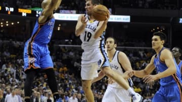 May 1, 2014; Memphis, TN, USA; Memphis Grizzlies guard Beno Udrih (19) handles the ball against the Oklahoma City Thunder in game six of the first round of the 2014 NBA Playoffs at FedExForum. Mandatory Credit: Justin Ford-USA TODAY Sports