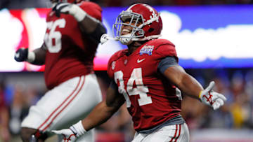 ATLANTA, GA - SEPTEMBER 02: Damien Harris No. 34 of the Alabama Crimson Tide celebrates a touchdown in the third quarter of their game against the Florida State Seminoles at Mercedes-Benz Stadium on September 2, 2017 in Atlanta, Georgia. (Photo by Kevin C. Cox/Getty Images)