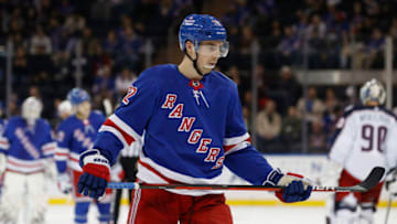 NEW YORK, NEW YORK - OCTOBER 29: Filip Chytil #72 of the New York Rangers looks on during the second period against the Columbus Blue Jackets at Madison Square Garden on October 29, 2021 in New York City. (Photo by Sarah Stier/Getty Images)