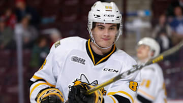 WINDSOR, ONTARIO - FEBRUARY 18: Forward Nolan Burke #86 of the Sarnia Sting skates prior to a game against the Windsor Spitfires at the WFCU Centre on February 18, 2020 in Windsor, Ontario, Canada. (Photo by Dennis Pajot/Getty Images)