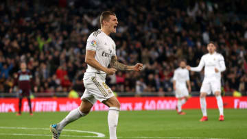 MADRID, SPAIN - FEBRUARY 16: Toni Kroos of Real Madrid celebrates after scoring his team's first goal during the La Liga match between Real Madrid CF and RC Celta de Vigo at Estadio Santiago Bernabeu on February 16, 2020 in Madrid, Spain. (Photo by Angel Martinez/Getty Images)