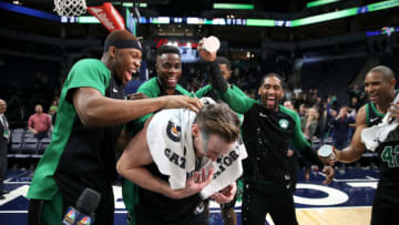 MINNEAPOLIS, MN - DECEMBER 1: Gordon Hayward #20 of the Boston Celtics speaks with the media and celebrates a win with his teammates after the game against the Minnesota Timberwolves on December 1, 2018 at Target Center in Minneapolis, Minnesota. NOTE TO USER: User expressly acknowledges and agrees that, by downloading and or using this Photograph, user is consenting to the terms and conditions of the Getty Images License Agreement. Mandatory Copyright Notice: Copyright 2018 NBAE (Photo by Jordan Johnson/NBAE via Getty Images)