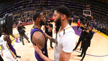 LOS ANGELES, CA - DECEMBER 21: LeBron James #23 of the Los Angeles Lakers and Anthony Davis #23 of the New Orleans Pelicans shake hands after a game on December 21, 2018 at STAPLES Center in Los Angeles, California. NOTE TO USER: User expressly acknowledges and agrees that, by downloading and/or using this Photograph, user is consenting to the terms and conditions of the Getty Images License Agreement. Mandatory Copyright Notice: Copyright 2018 NBAE (Photo by Andrew D. Bernstein/NBAE via Getty Images)