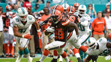 Sep 25, 2016; Miami Gardens, FL, USA; Cleveland Browns running back Duke Johnson (29) runs past Miami Dolphins linebacker Kiko Alonso (47) during the second half at Hard Rock Stadium. Mandatory Credit: Steve Mitchell-USA TODAY Sports