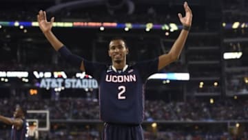 Apr 5, 2014; Arlington, TX, USA; Connecticut Huskies forward DeAndre Daniels (2) celebrates after defeating Florida Gators 63-53 in the semifinals of the Final Four in the 2014 NCAA Mens Division I Championship tournament at AT&T Stadium. Mandatory Credit: Bob Donnan-USA TODAY Sports