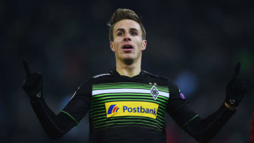 MOENCHENGLADBACH, GERMANY - DECEMBER 11: Patrick Herrmann of Borussia Moenchengladbach celebrates as he scores the opening goal during the UEFA Europa League group stage match between VfL Borussia Moenchengladbach and FC Zurich at Borussia Park on December 11, 2014 in Moenchengladbach, Germany. (Photo by Dennis Grombkowski/Getty Images)
