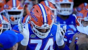 GAINESVILLE, FL - SEPTEMBER 01: Fred Johnson #74 of the Florida Gators prepares to enter the stadium prior to the game against the Charleston Southern Buccaneers at Ben Hill Griffin Stadium on September 1, 2018 in Gainesville, Florida. (Photo by Sam Greenwood/Getty Images)